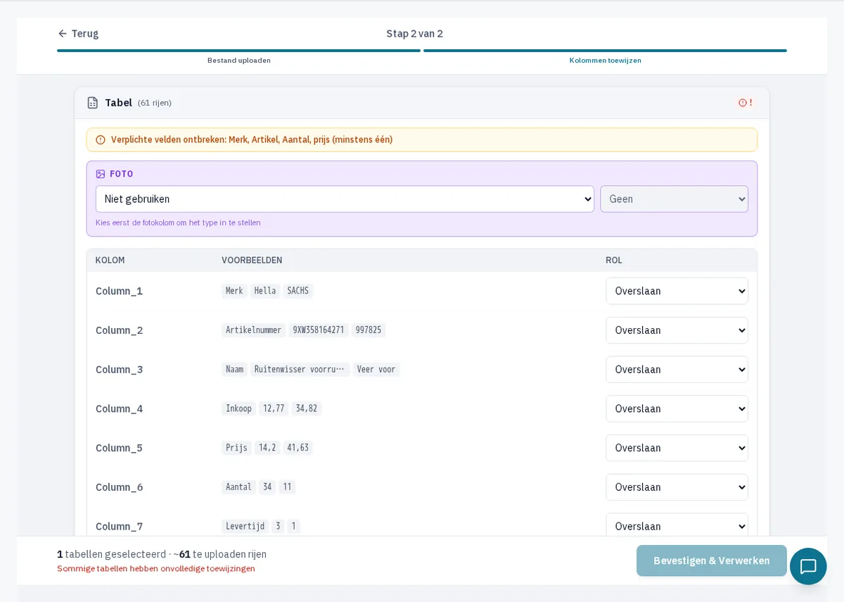 Prijslijst uploaden — WAW365-interface
